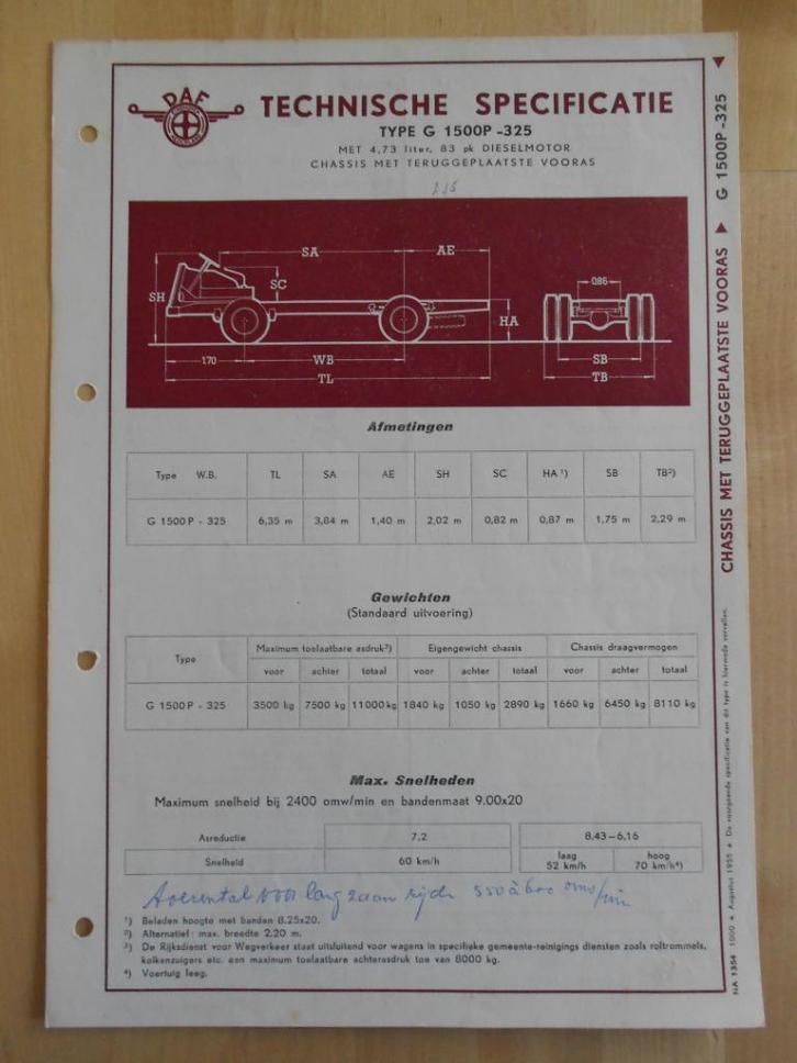 DAF G 1500 P Technische Specificatie folder 1955 G1500 P, Boeken, Auto's | Folders en Tijdschriften, Zo goed als nieuw, Overige merken
