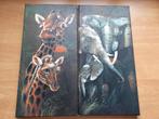 2 Canvas Schilderijen: Giraf & Olifant (40x20cm), Minder dan 50 cm, Ophalen of Verzenden, Zo goed als nieuw, Schilderij