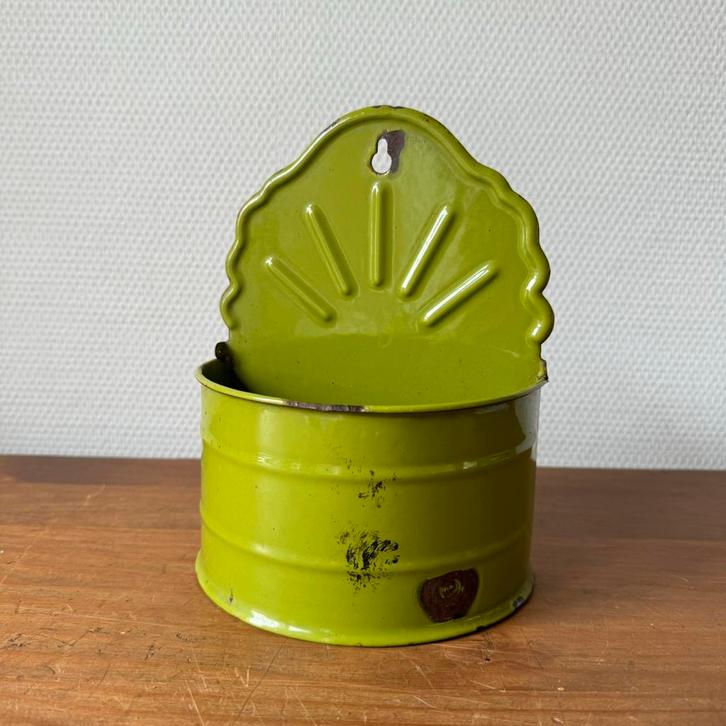Emaille Antieke Appeltjesgroene Zoutvat, Zoutpot, Brocante, Antiek en Kunst, Curiosa en Brocante, Ophalen of Verzenden