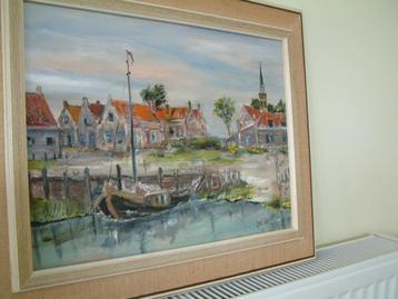  schilderij 30 x40 olieverf      dorp met kade  beschikbaar voor biedingen