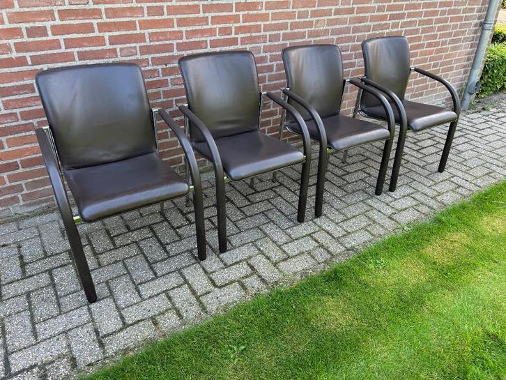 4x Leolux Cimaronne eetkamerstoelen donkerbruin leer, Huis en Inrichting, Stoelen, Zo goed als nieuw, Vier, Leer, Metaal, Bruin