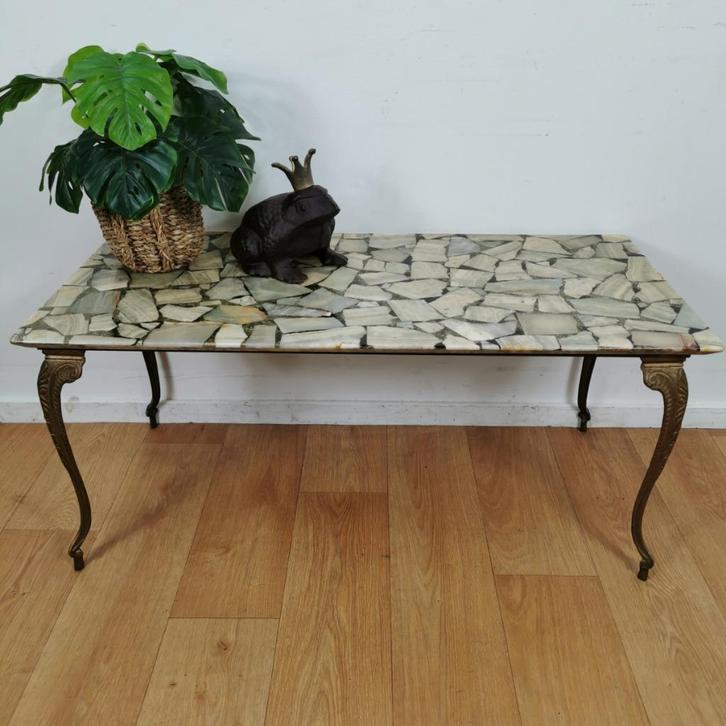 Vintage Messing koffietafel salontafel met marmer blad 05, Huis en Inrichting, Tafels | Salontafels, Gebruikt, Minder dan 50 cm