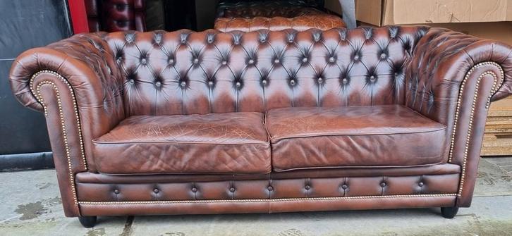 Chesterfield bank bruin gevlamd leer 1.90 breed + BEZORGING, Huis en Inrichting, Banken | Bankstellen, Gebruikt, Rechte bank, 150 tot 200 cm