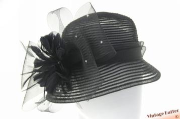 Vintage Dames gelegenheidshoed zwart polyester bloemstrik 57 beschikbaar voor biedingen