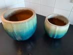 Bloempot blauw/ groen, Tuin en Terras, Bloempotten, 40 cm of meer, Rond, Ophalen of Verzenden, Zo goed als nieuw