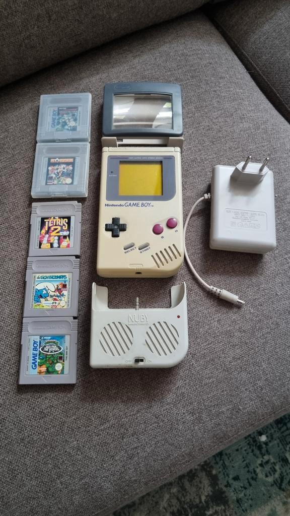 Gameboy Classic DMG-01 met spellen en voeding enz., Spelcomputers en Games, Spelcomputers | Nintendo Game Boy, Gebruikt, Game Boy Classic