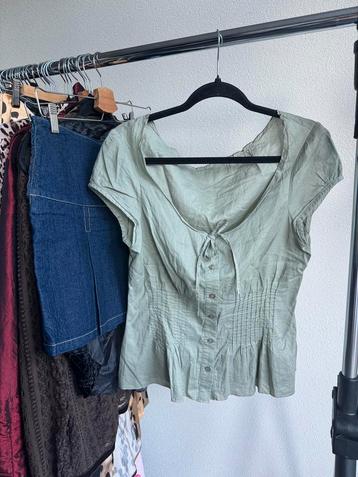 Vintage Y2K lichtgroene katoenen blouse met korte mouwen beschikbaar voor biedingen