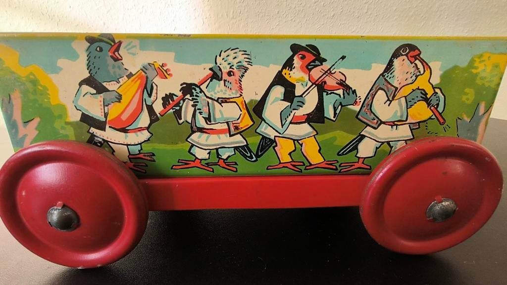 Blikken trekkar Grieks vogel orkest en volksdansers, Antiek en Kunst, Antiek | Speelgoed, Ophalen