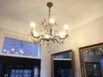 Antieke kroonluchter met kristal hangers en LED kaarslampen, Ophalen of Verzenden, Gebruikt, Glas