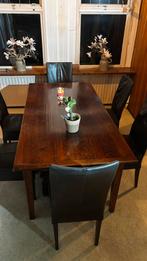 Rustieke eethoek massiefdonkerhouten tafel met leren stoelen, Ophalen, Zo goed als nieuw