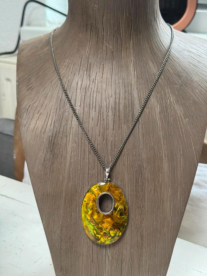 Eerste gehalte ketting zilver met abalone schelp hanger, Sieraden, Tassen en Uiterlijk, Kettingen, Gebruikt, Zilver, Zilver, Met hanger