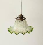 Vintage Franse opaline hanglamp met groen glazen rokkapje, Ophalen of Verzenden