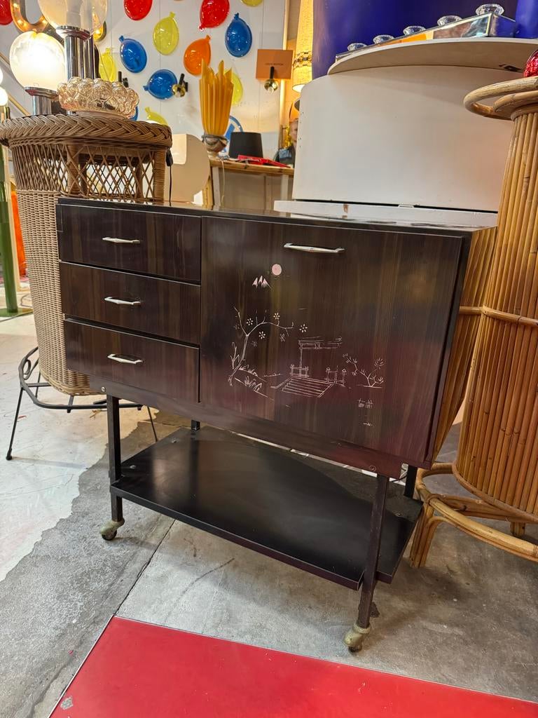 Vintage Barmeubel/Kastje op Wieltjes met Tekening en Flessen, Antiek en Kunst, Antiek | Meubels | Kasten, Ophalen