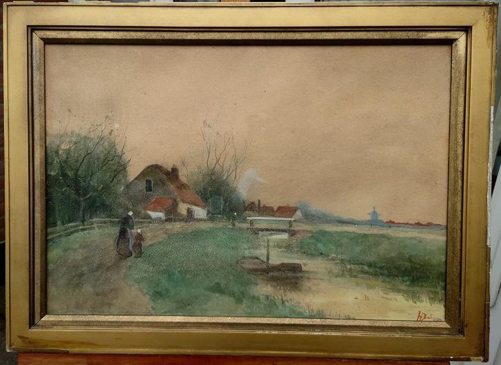 ~1900 Larense School? Landschap met moeder en dochter , aqua, Antiek en Kunst, Kunst | Schilderijen | Klassiek, Ophalen of Verzenden