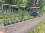 vrijdr. elek. schuifpoort 6 mtr doorgang,2 mtr hoog,groen, Tuin en Terras, Ophalen, Gebruikt, IJzer, Spijlenhekwerk