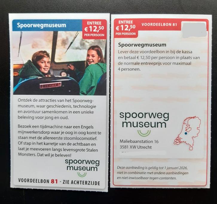 Spoorwegmuseum entree €12,50 per persoon, Tickets en Kaartjes, Kortingen en Cadeaubonnen