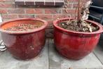 Twee rode bloempotten, Gebruikt, Rond, Tuin, Aardewerk