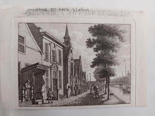 364 / Stadhuis en kerk te Sloten Gravure uit 1790, Antiek en Kunst, Kunst | Etsen en Gravures, Ophalen of Verzenden