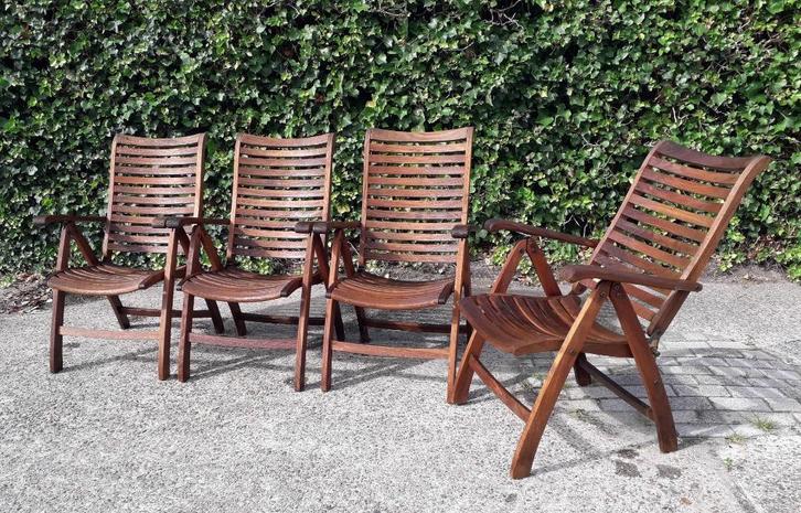 4 Queens Teak standenstoelen, inklapbaar, Tuin en Terras, Tuinstoelen, Gebruikt, Teakhout, Inklapbaar, Verstelbaar, Ophalen