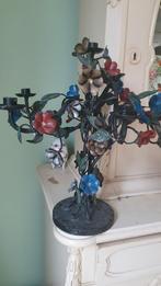 Antieke kaarsen kandelaar met bloemen roosjes, Ophalen of Verzenden, Gebruikt, Metaal, 25 tot 50 cm