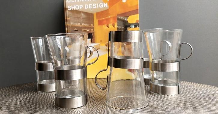 Vintage set RVS 6 Mads Odgård glazen beker koffie  Soholm, Huis en Inrichting, Keuken | Servies, Zo goed als nieuw, Glas of Glazen