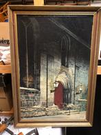Olieverf zij gevel avond kerk poort met Lamp, Antiek en Kunst, Ophalen