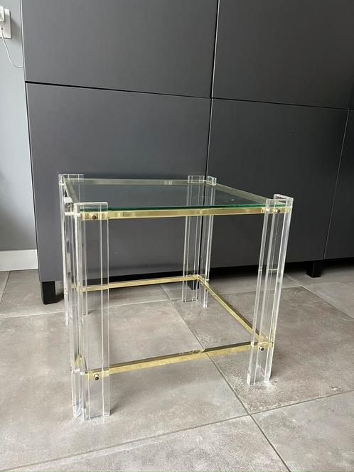 VINTAGE MID CENTURY GLAS METAAL GOUDEN TAFEL BIJZETTAFEL, Huis en Inrichting, Tafels | Bijzettafels, Zo goed als nieuw, Rechthoekig