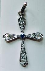 Antieke gouden kruis met diamanten en saffier, Sieraden, Tassen en Uiterlijk, Antieke sieraden, Ophalen of Verzenden, Goud, Hanger