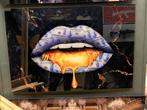 Gouden Lippen Dollar Schilderij 100x67cm Plexiglas Kunstwerk, Ophalen of Verzenden