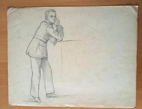 A493-40 Oude tekening Man leunend op ellebogen, Antiek en Kunst, Kunst | Tekeningen en Foto's, Ophalen of Verzenden