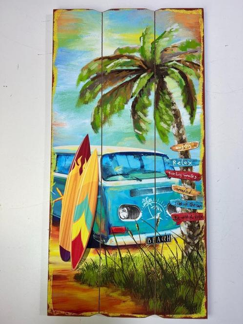 Houten wandbord beach retro surf bus Blauw 60 x 30cm, Huis en Inrichting, Woonaccessoires | Wanddecoraties, Nieuw, Verzenden