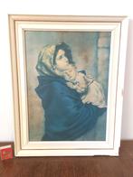 Vrouw met baby tegen haar borst met Maria blauwe mantel, Minder dan 50 cm, Ophalen of Verzenden, Zo goed als nieuw, Schilderij