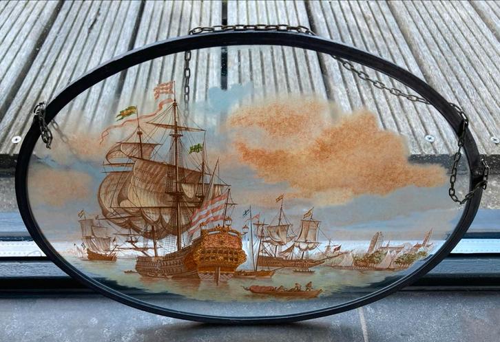Oude glas-in-lood hanger met schepen, Antiek en Kunst, Antiek | Wandborden en Tegels, Ophalen of Verzenden
