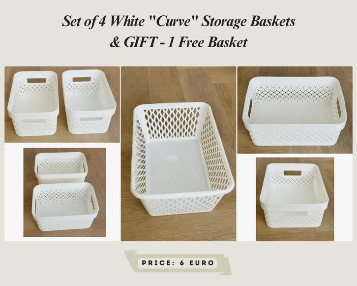 Set of 4 White “Curve” Storage Baskets & GIFT, Huis en Inrichting, Woonaccessoires | Schalen en Manden, Nieuw, Rechthoekig, Ophalen of Verzenden