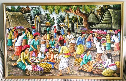 Bloemenmarkt in Azië ca. 1960 - onduidelijk gesigneerd, Antiek en Kunst, Kunst | Schilderijen | Klassiek, Ophalen