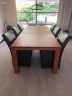 Kersen eetkamertafel met 6 leren donker bruine stoelen, Huis en Inrichting, Complete eetkamers, Ophalen, Zo goed als nieuw, Strak