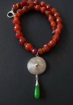 Ketting met antieke geslepen carneool, Jade en zilver, Verzenden, Groen, Zilver