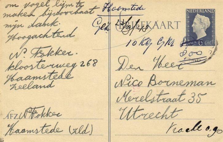 W. Fokker, Haamstede - 1948 - briefkaart, Postzegels en Munten, Brieven en Enveloppen | Nederland, Briefkaart, Ophalen of Verzenden