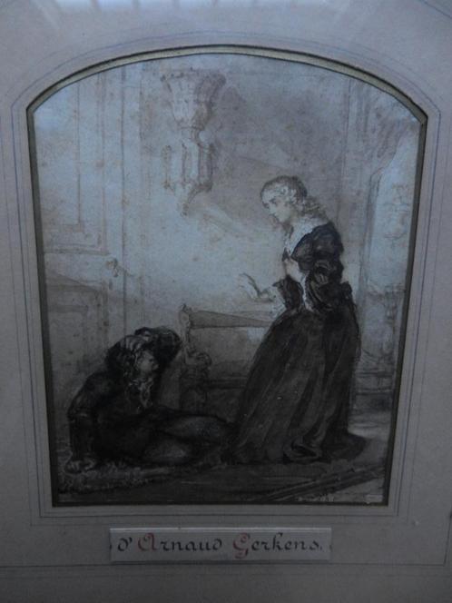 Aquarel Interieur m, figuren JC d Arnoud Gerkens (1823-1892), Antiek en Kunst, Kunst | Tekeningen en Foto's, Ophalen of Verzenden