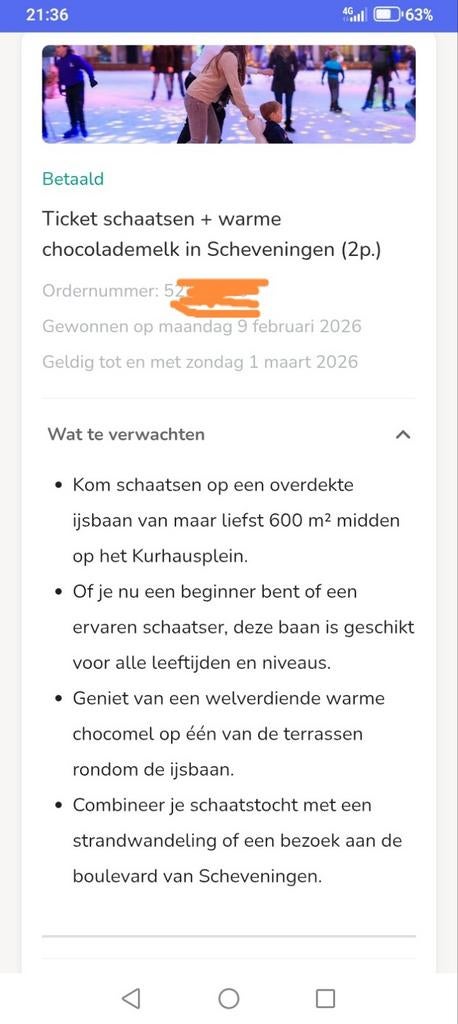 Tickts schaatsen Scheveningen +warme chocomel (2p), Twee personen, Januari