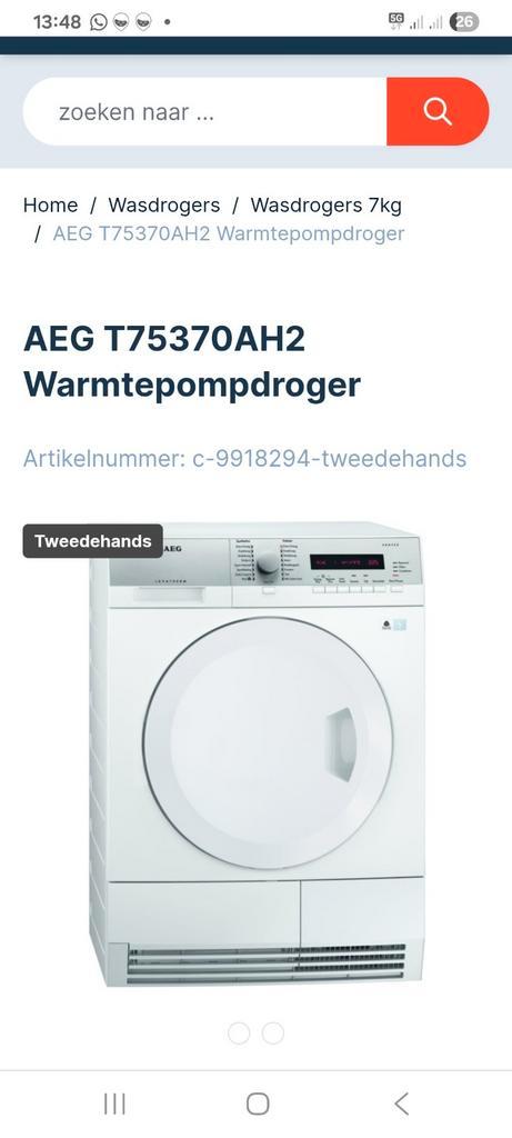 AEG T75370AH2 Warmtepompdroger - Gebruikt, Witgoed en Apparatuur, Wasdrogers, Gebruikt, Condens, Voorlader, 6 tot 8 kg, 85 tot 90 cm