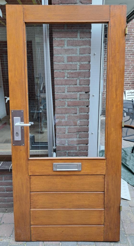 Hardhouten buitendeur, Doe-het-zelf en Verbouw, Deuren en Horren, Gebruikt, Buitendeur, Minder dan 200 cm, 80 tot 100 cm, Glas