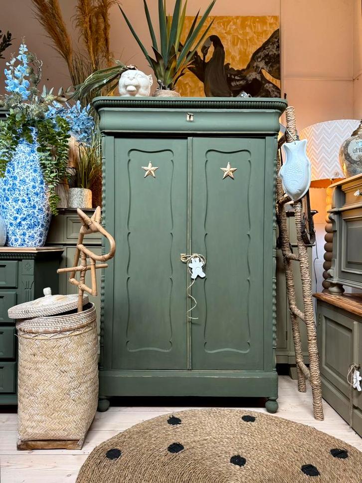 Biedermeier meidenkast linnenkast servieskast vintage groen, Huis en Inrichting, Kasten | Ladekasten, Zo goed als nieuw, 150 tot 200 cm