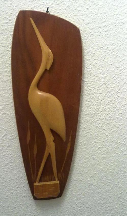 retro vintage wand deco plakaat hanger hout reiger, Huis en Inrichting, Woonaccessoires | Wanddecoraties, Gebruikt, Ophalen of Verzenden