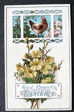 Reliefkaart Kip in het raam kijkend naar paasfeestelijkheden, Verzamelen, Ansichtkaarten | Dieren, Gelopen, Vogel, Voor 1920, Verzenden