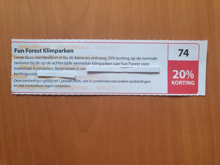 Fun Forest Klimparken 20% korting maximaal 4 personen, Tickets en Kaartjes, Kortingen en Cadeaubonnen, Drie personen of meer, Overige typen