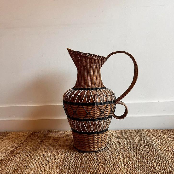 Grote Rotan rieten kruik vaas jaren 60 vintage, Huis en Inrichting, Woonaccessoires | Vazen, Ophalen of Verzenden