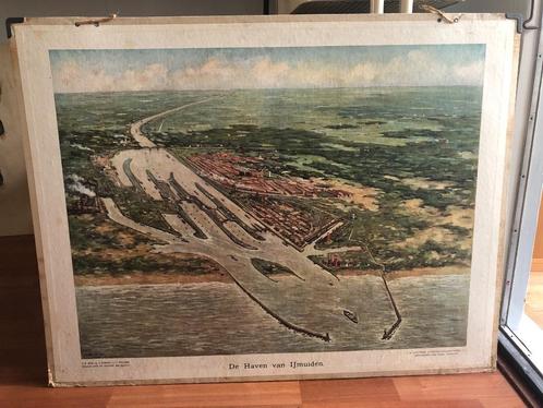 wandplaat "De haven van ijmuiden, Antiek en Kunst, Antiek | Schoolplaten, Aardrijkskunde, Ophalen of Verzenden