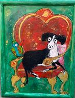 Kleurrijk kunst hond modern abstract groen rood humor carin, Ophalen of Verzenden