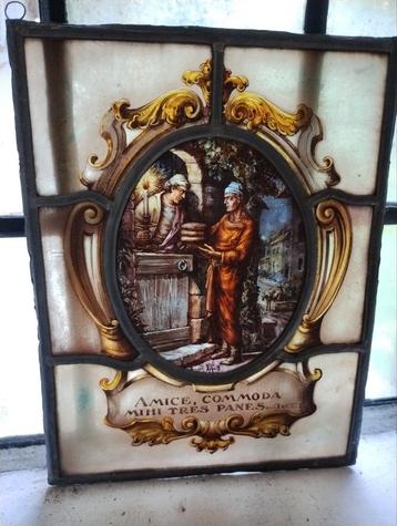 Antiek glas-in-lood paneel met religieuze voorstelling beschikbaar voor biedingen